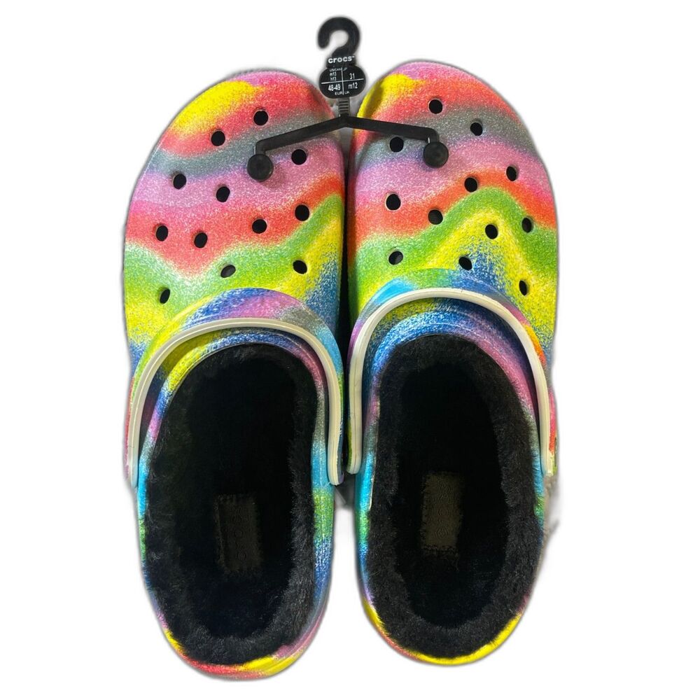 NWT Men's Crocs Classic Lined Spray Dye Rainbow Fuzzy Clogs Sz 13, PRIDE MONTH